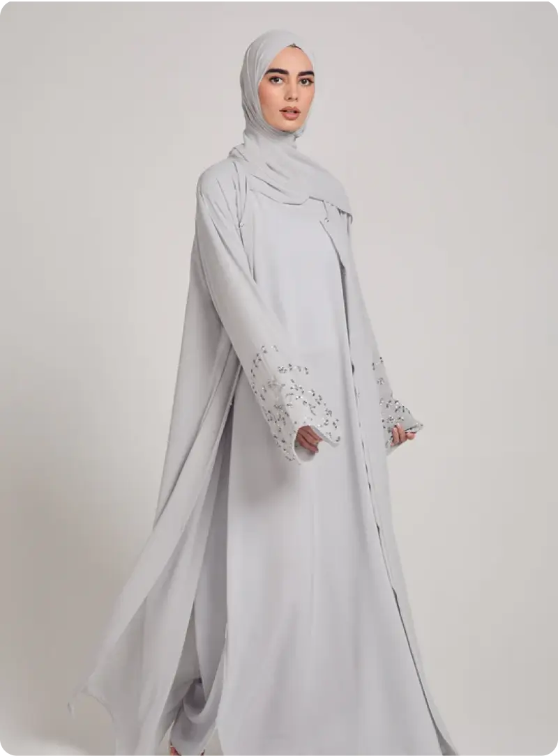 Taş İşlemeli Şifon Abaya - Gri