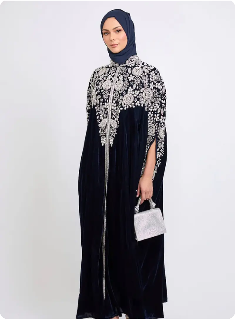 Nakış İşlemeli Kadife Abaya - Lacivert