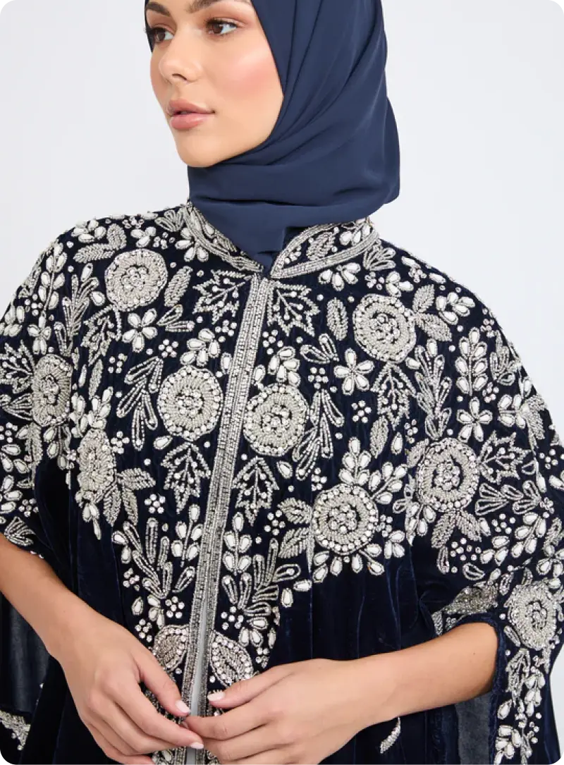 Nakış İşlemeli Kadife Abaya - Lacivert